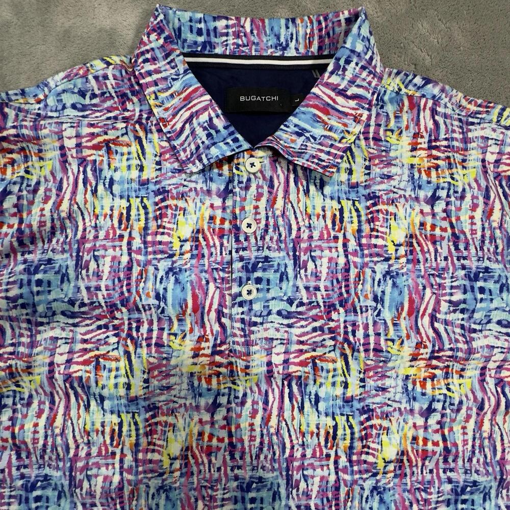 Bugatchi Polo Shirt Mens L Blue Red Abstract Print Cotton Modern Golf Casual